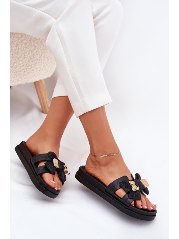 Ladies Slippers With Bow And Gold Brooch Black Lynara
