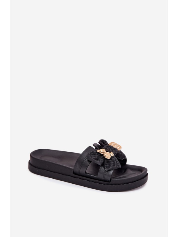 Ladies Slippers With Bow And Gold Brooch Black Lynara