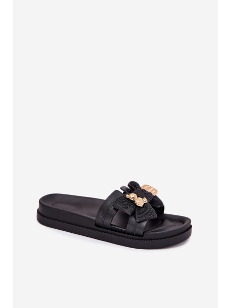 Ladies Slippers With Bow And Gold Brooch Black Lynara