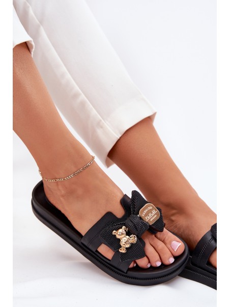 Ladies Slippers With Bow And Gold Brooch Black Lynara