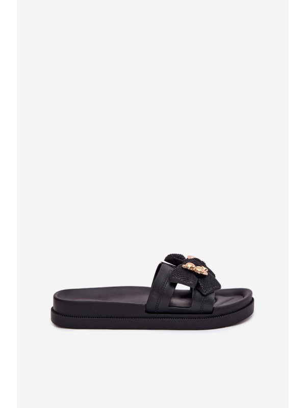 Ladies Slippers With Bow And Gold Brooch Black Lynara