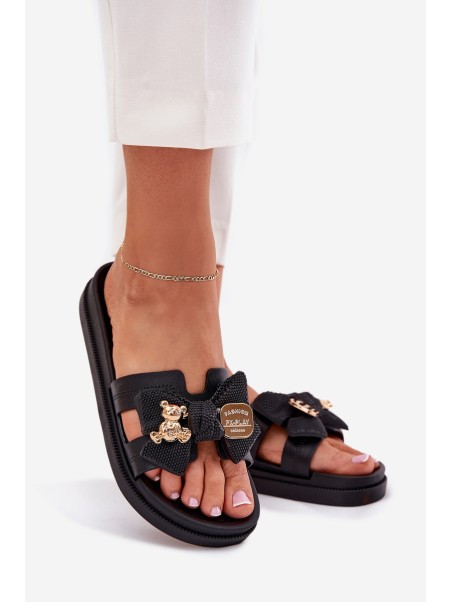 Ladies Slippers With Bow And Gold Brooch Black Lynara