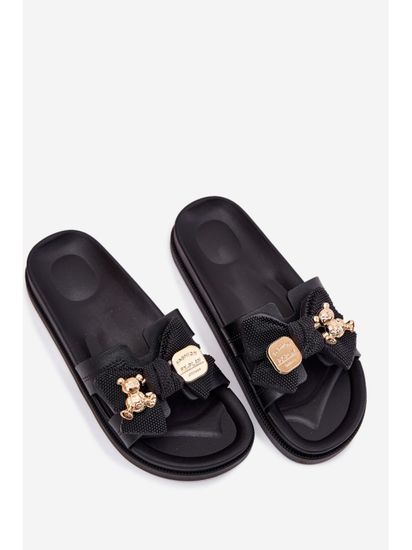 Ladies Slippers With Bow And Gold Brooch Black Lynara