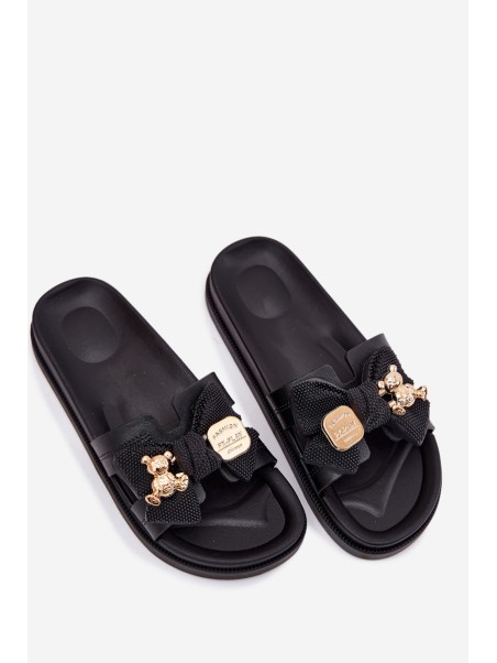 Ladies Slippers With Bow And Gold Brooch Black Lynara