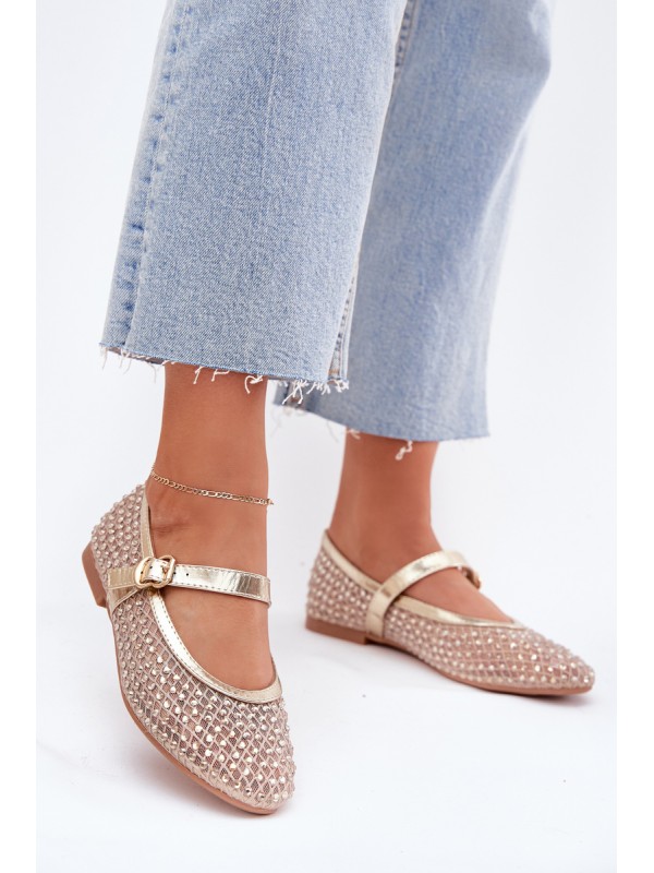 Decorated Women's Ballet Flats With Strap And Buckle Gold Avirae