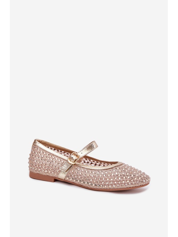 Decorated Women's Ballet Flats With Strap And Buckle Gold Avirae