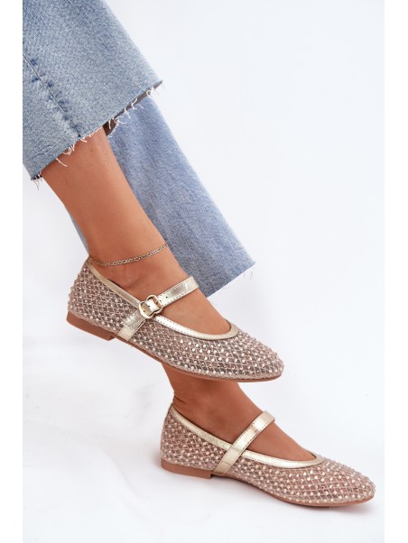Decorated Women's Ballet Flats With Strap And Buckle Gold Avirae