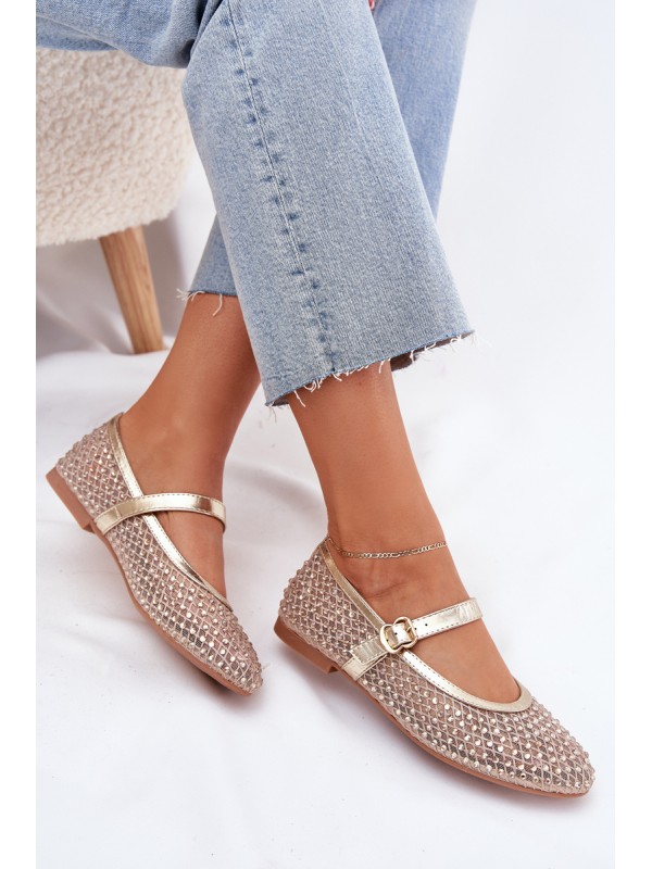 Decorated Women's Ballet Flats With Strap And Buckle Gold Avirae