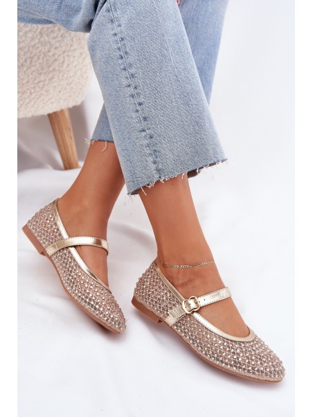 Decorated Women's Ballet Flats With Strap And Buckle Gold Avirae