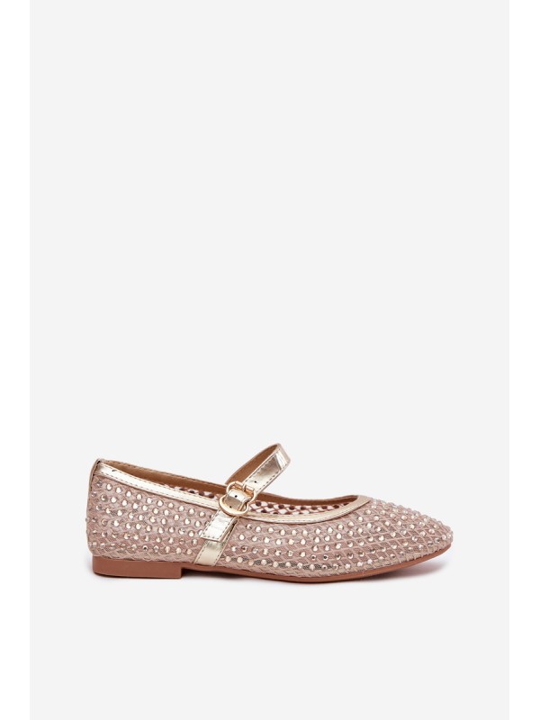 Decorated Women's Ballet Flats With Strap And Buckle Gold Avirae