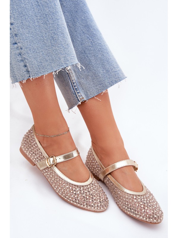 Decorated Women's Ballet Flats With Strap And Buckle Gold Avirae
