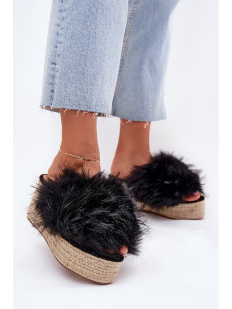 Women's wedge sandals with fur and braiding black Virela