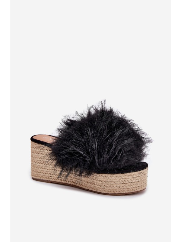 Women's wedge sandals with fur and braiding black Virela