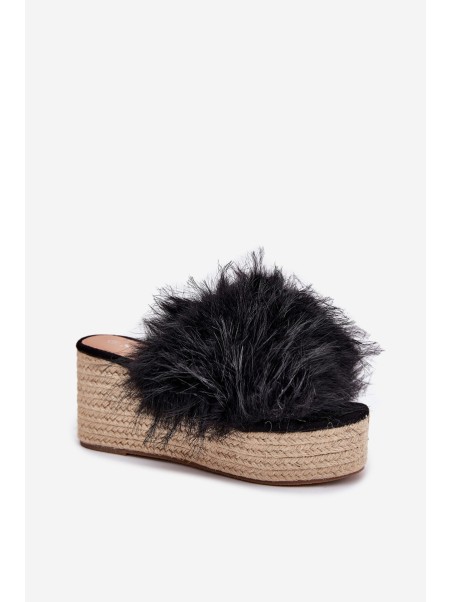 Women's wedge sandals with fur and braiding black Virela