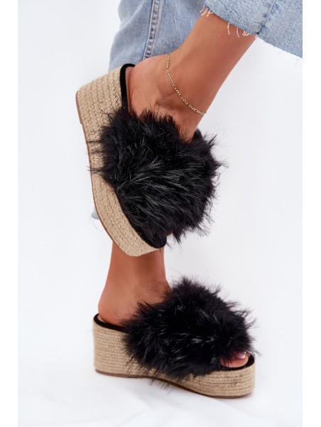 Women's wedge sandals with fur and braiding black Virela