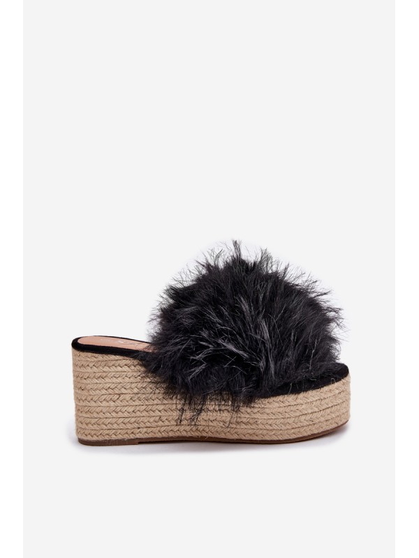 Women's wedge sandals with fur and braiding black Virela