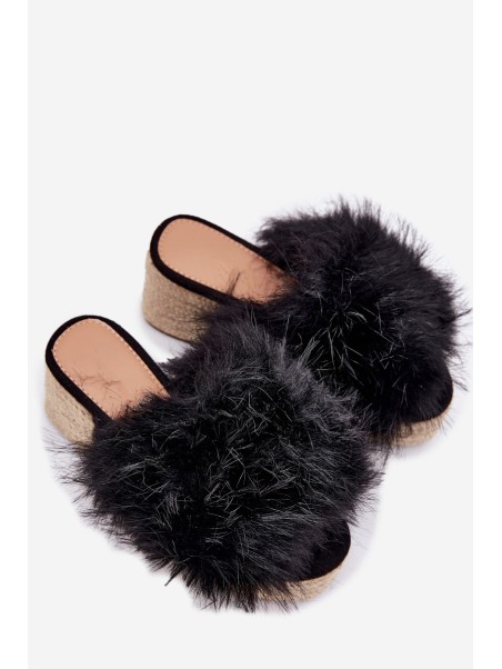 Women's wedge sandals with fur and braiding black Virela