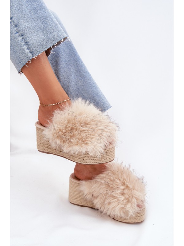 Women's Wedge Slippers With Fur And Braiding Beige Virela