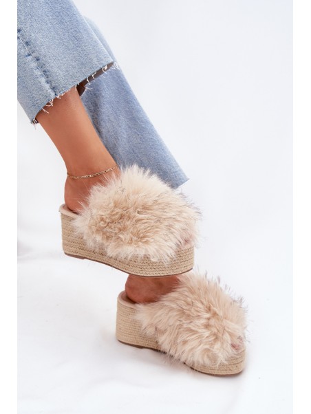Women's Wedge Slippers With Fur And Braiding Beige Virela