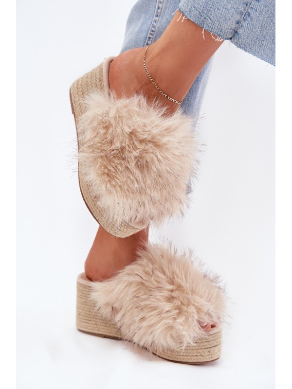 Women's Wedge Slippers With Fur And Braiding Beige Virela