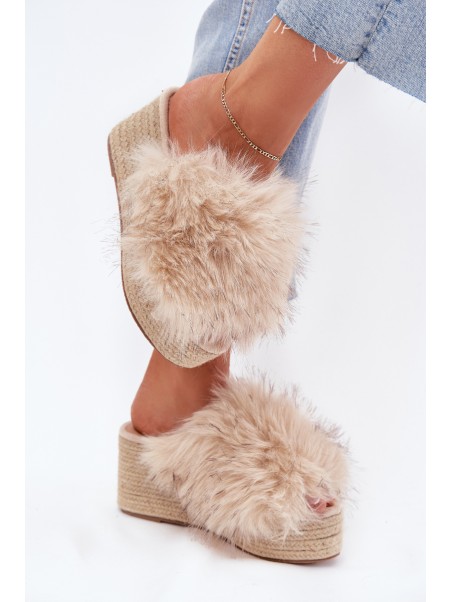 Women's Wedge Slippers With Fur And Braiding Beige Virela