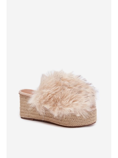 Women's Wedge Slippers With Fur And Braiding Beige Virela