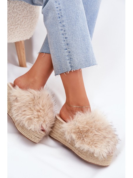 Women's Wedge Slippers With Fur And Braiding Beige Virela
