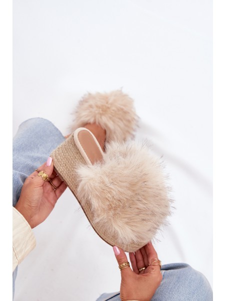Women's Wedge Slippers With Fur And Braiding Beige Virela