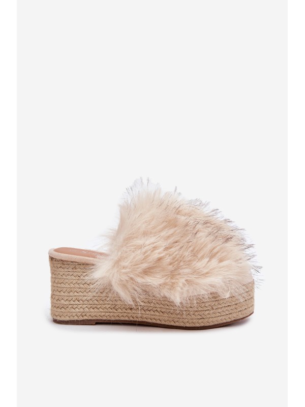 Women's Wedge Slippers With Fur And Braiding Beige Virela