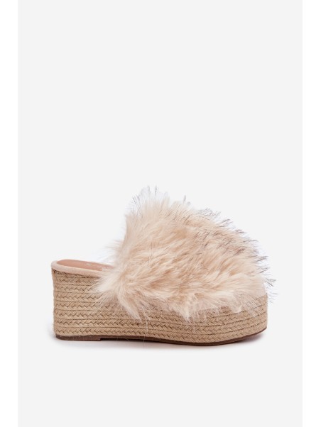 Women's Wedge Slippers With Fur And Braiding Beige Virela