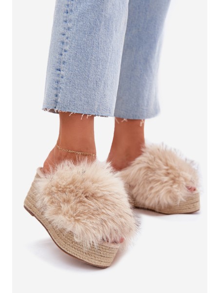 Women's Wedge Slippers With Fur And Braiding Beige Virela