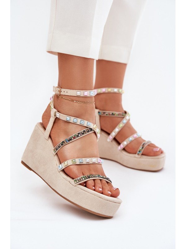 Women's Wedge Sandals With Decoration On Straps Beige Lunara