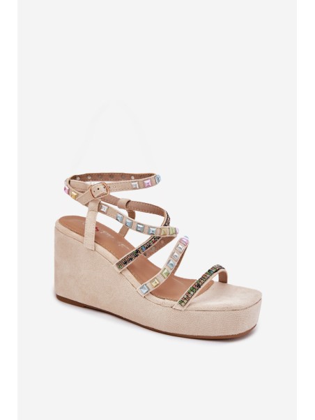 Women's Wedge Sandals With Decoration On Straps Beige Lunara