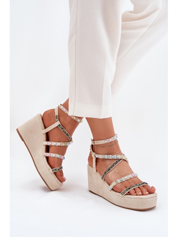 Women's Wedge Sandals With Decoration On Straps Beige Lunara