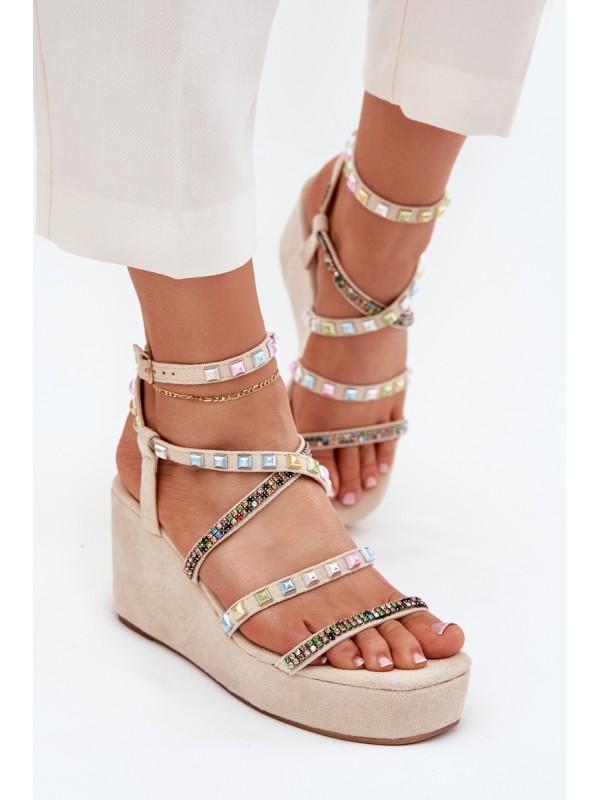 Women's Wedge Sandals With Decoration On Straps Beige Lunara