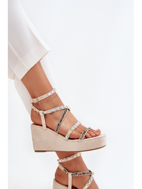 Women's Wedge Sandals With Decoration On Straps Beige Lunara