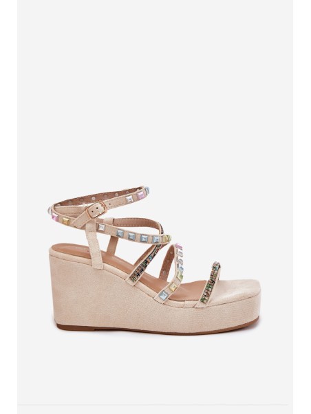 Women's Wedge Sandals With Decoration On Straps Beige Lunara