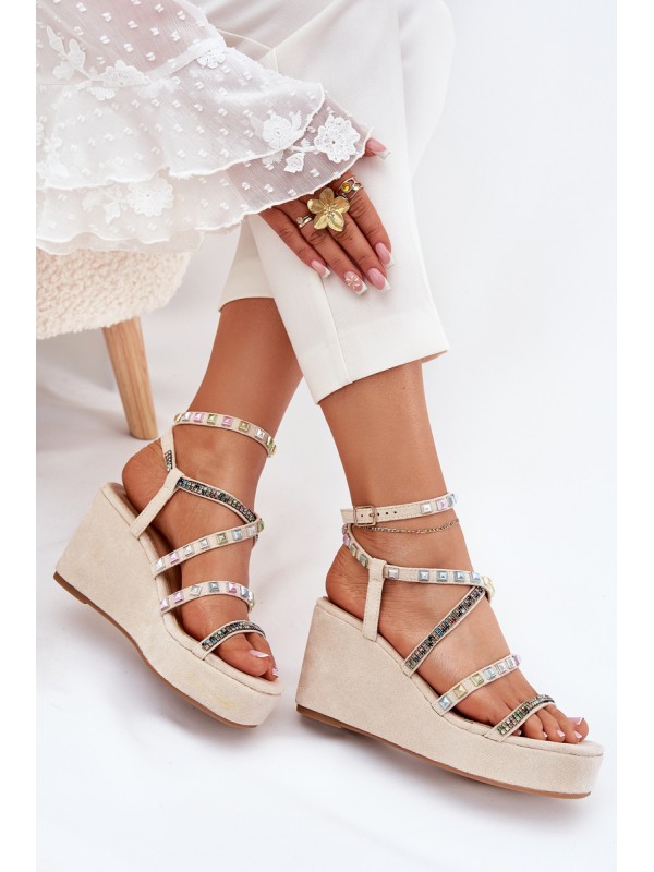 Women's Wedge Sandals With Decoration On Straps Beige Lunara