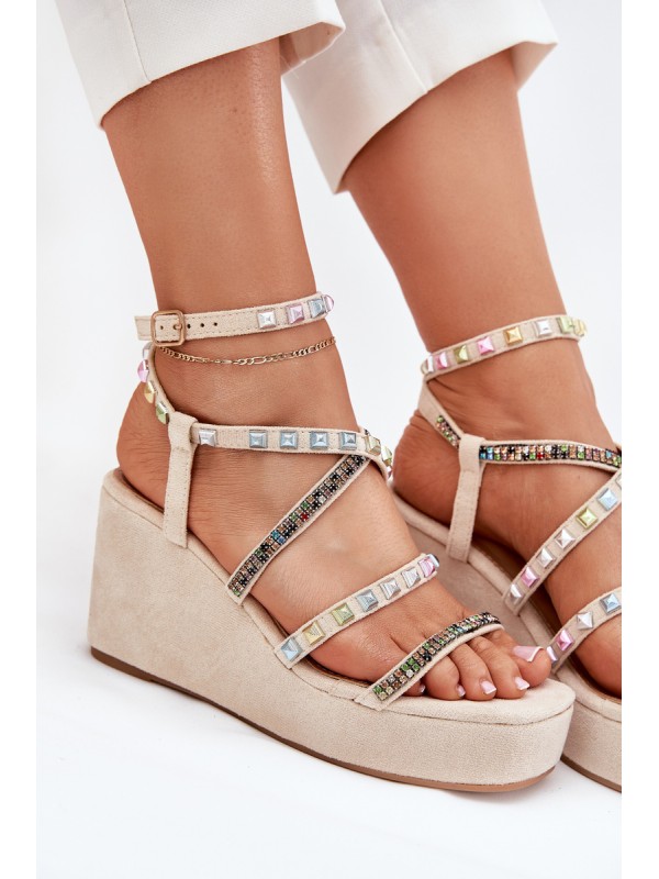 Women's Wedge Sandals With Decoration On Straps Beige Lunara