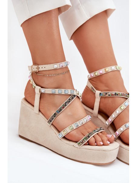 Women's Wedge Sandals With Decoration On Straps Beige Lunara