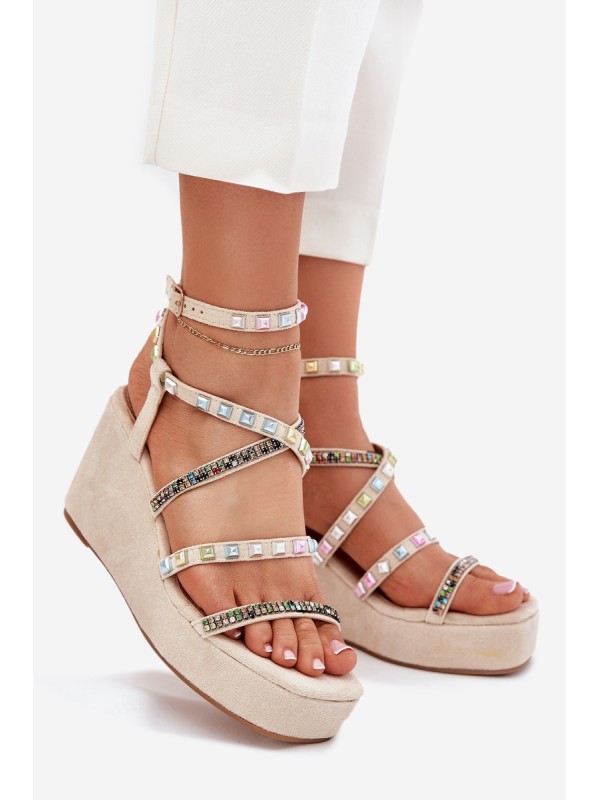 Women's Wedge Sandals With Decoration On Straps Beige Lunara
