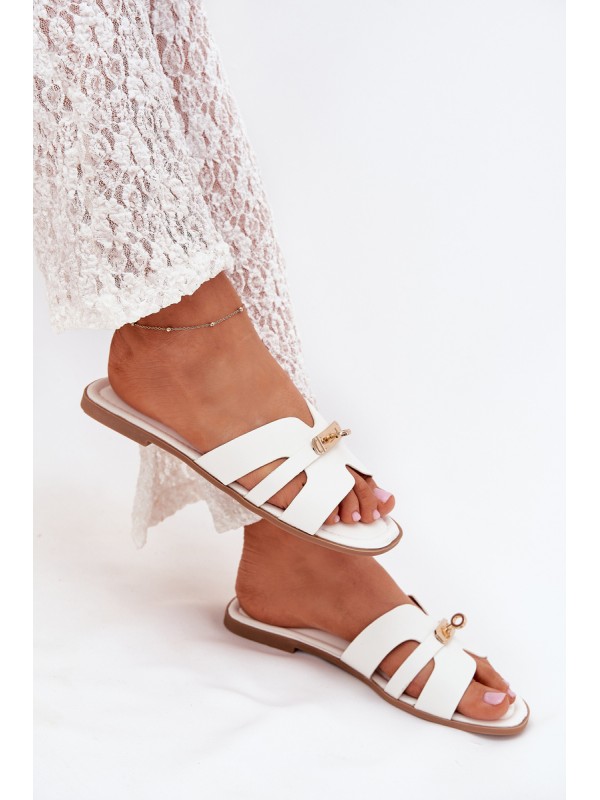 Flat Ladies Slippers With Strap And Golden Detail White Kerenza
