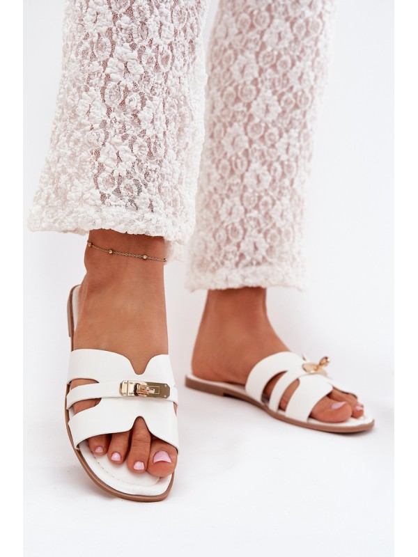 Flat Ladies Slippers With Strap And Golden Detail White Kerenza 2