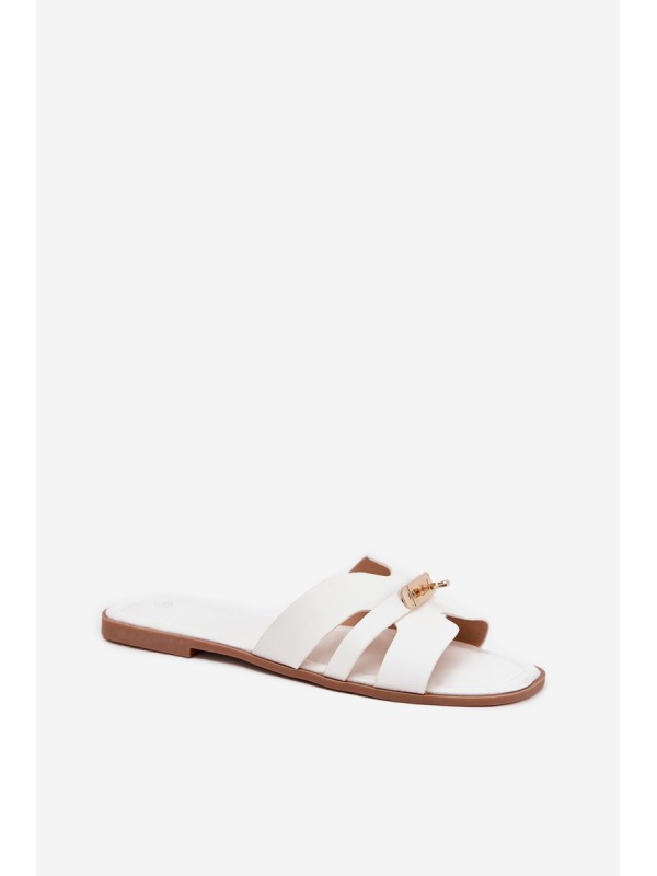 Flat Ladies Slippers With Strap And Golden Detail White Kerenza