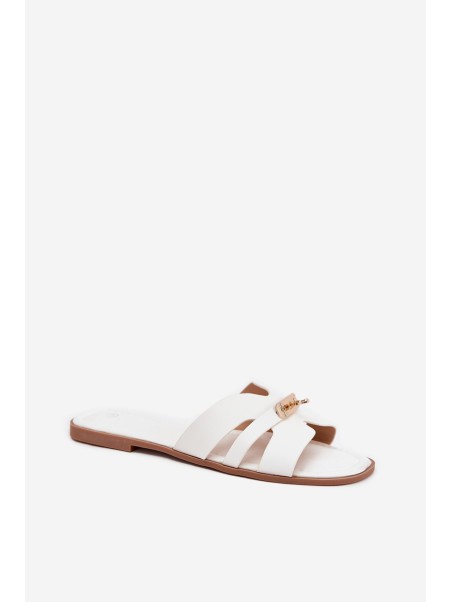 Flat Ladies Slippers With Strap And Golden Detail White Kerenza