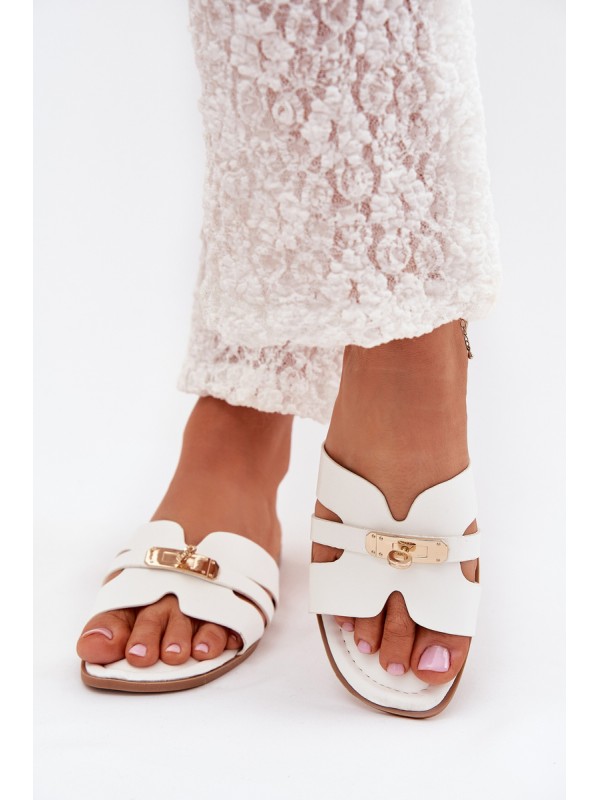 Flat Ladies Slippers With Strap And Golden Detail White Kerenza