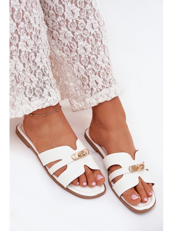 Flat Ladies Slippers With Strap And Golden Detail White Kerenza
