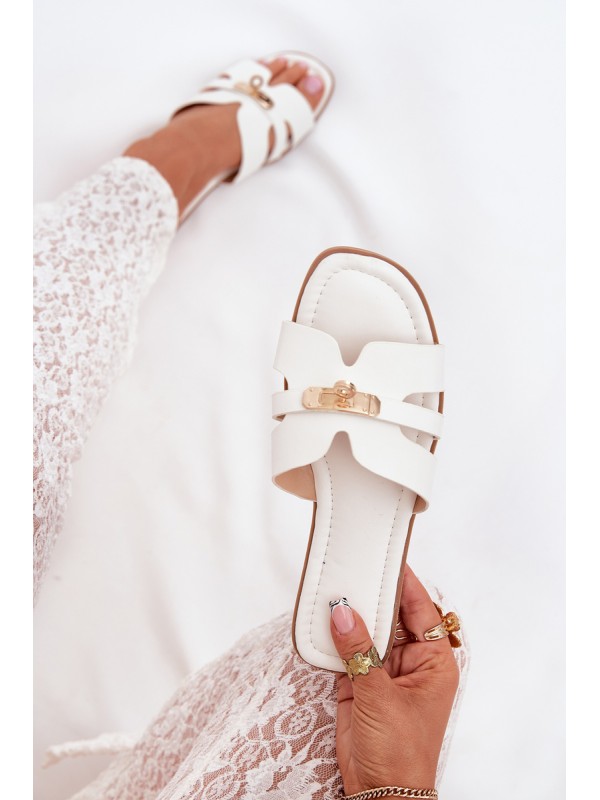 Flat Ladies Slippers With Strap And Golden Detail White Kerenza