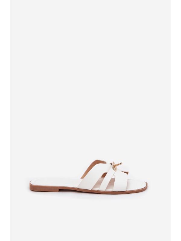 Flat Ladies Slippers With Strap And Golden Detail White Kerenza