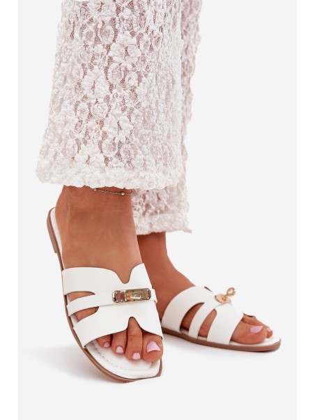 Flat Ladies Slippers With Strap And Golden Detail White Kerenza